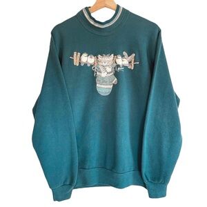Vintage Morning Sun Teal Green Cute Kitten Cat & Birds Design Sweater Sweatshirt